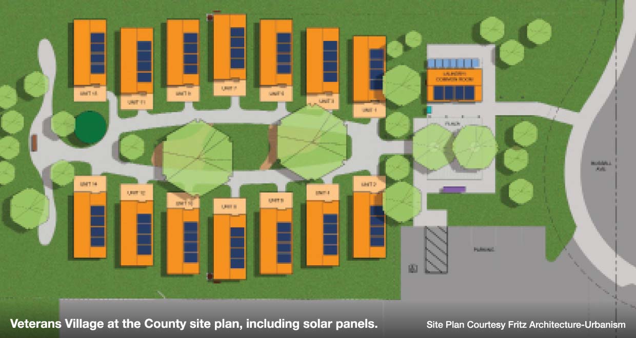 Veterans Village at the County site plan, including solar panels. Site Plan Courtesy Fritz Architecture-Urbanism